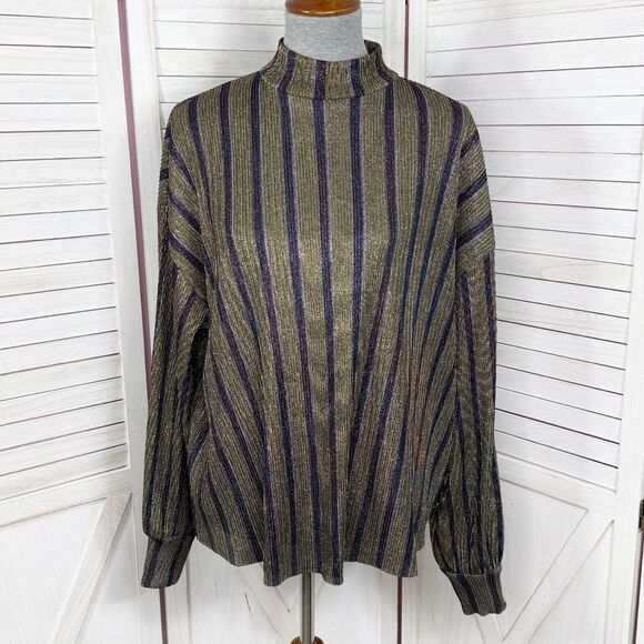 Zara Metallic Striped Crinkle Mock Neck Blouse Gold Multi Small - Picture 1 of 11